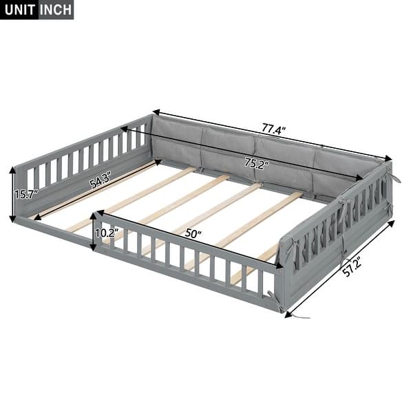 dimension image slide 0 of 2, Montessori Floor Bed w/ Safety Guardrails, Upholstered Pillow, Full Size Solid Pine Wood Bed Frame w/ Slats for Toddlers, Kids