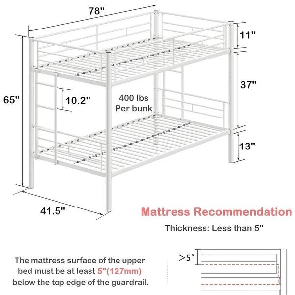 dimension image slide 0 of 2, Metal Twin Over Twin Bunk Bed Frame with Side Ladders, 13inch Under-Bed Storage, Squeak-Resistant, Full-Length Guardrails
