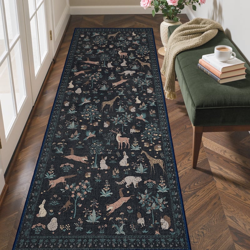 Mcow Woodland Friends Animal Print Low-Pile Machine-Washable Area Rug