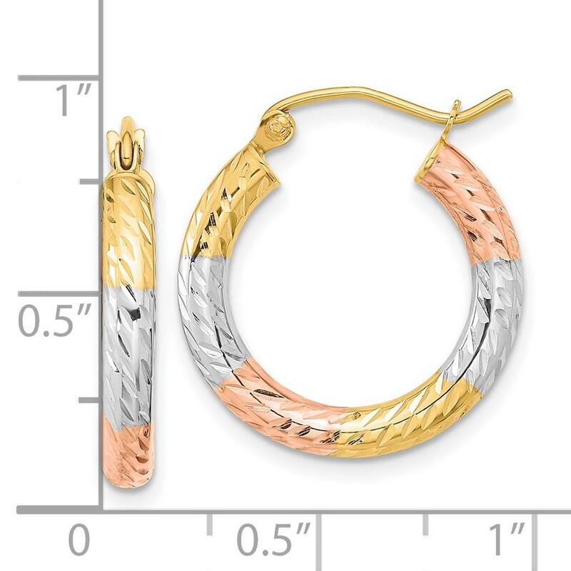 Curata 14k Yellow Gold With White and Rose Rhodium Sparkle Cut Swirl Hoop Earrings 20.8x2mm