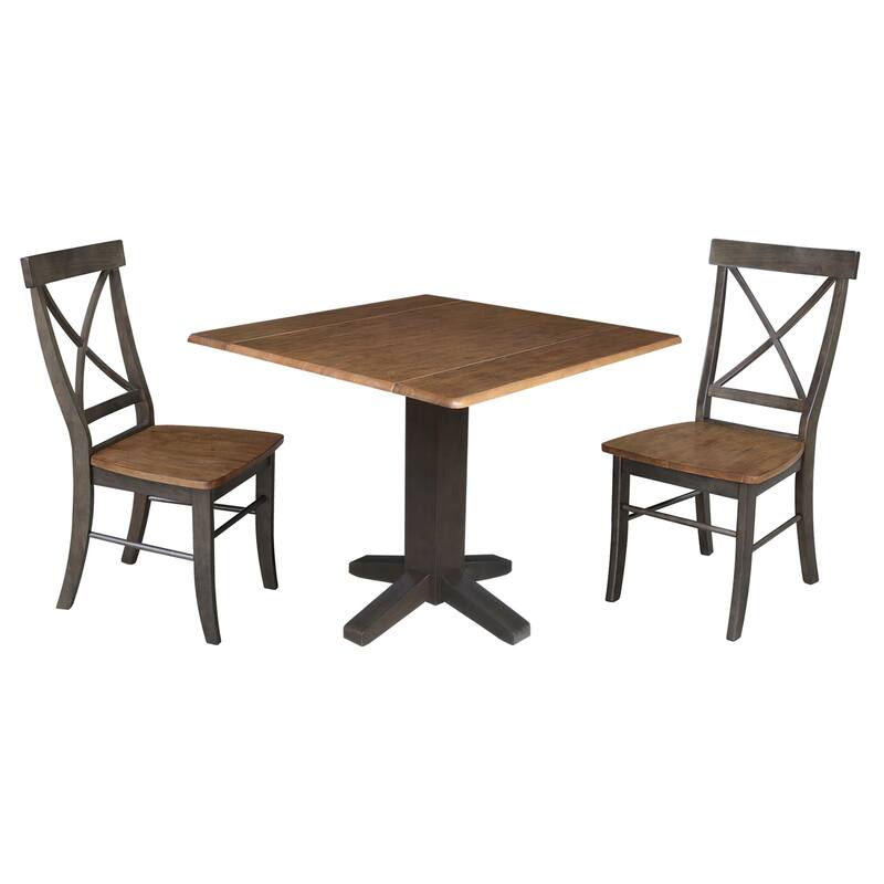 36" Solid Wood Square Dual Drop Leaf Dining Table with 2 Dining Chairs - Hickory/Washed Coal