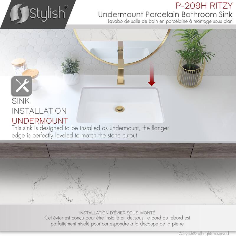 STYLISH 20 3/8 inch Rectangular Undermount Porcelain Bathroom Sink with two Overflow Finishes included
