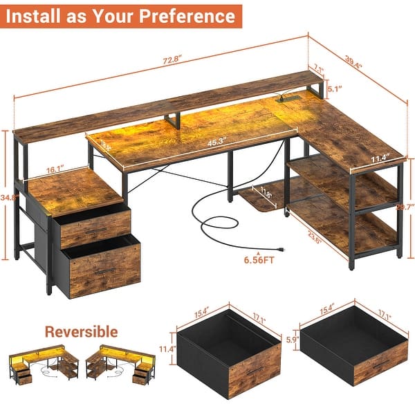 dimension image slide 2 of 8, Reversible L Shaped Computer Desk with File Drawer & Monitor Stand & Power Outlet & LED Strip, Home Office Desk Corner Desk