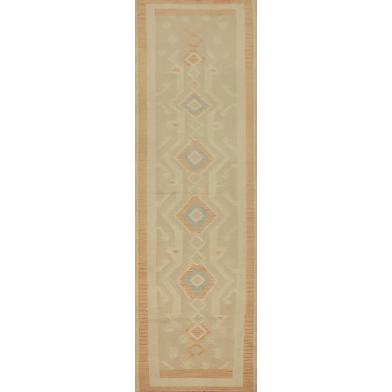 Hand Woven Oriental 100% Wool Carpet Southwestern Tribal Beige & Ivories Kilim Runner Rug - 11' 10'' X 2' 9''