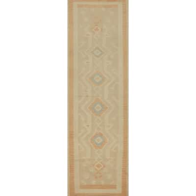 Hand Woven Oriental 100% Wool Carpet Southwestern Tribal Beige & Ivories Kilim Runner Rug - 11' 10'' X 2' 9''