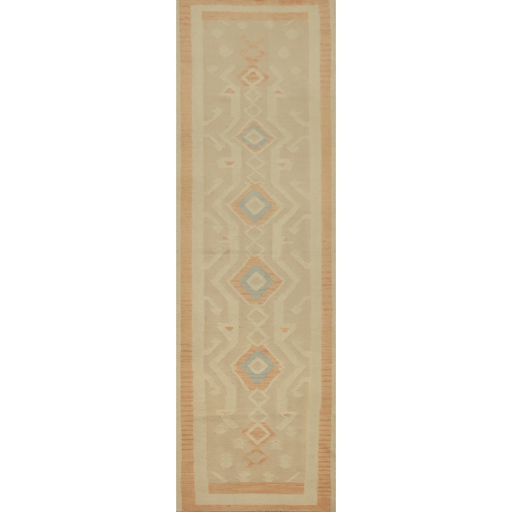 Hand Woven Oriental 100% Wool Carpet Southwestern Tribal Beige & Ivories Kilim Runner Rug - 11' 10'' X 2' 9''