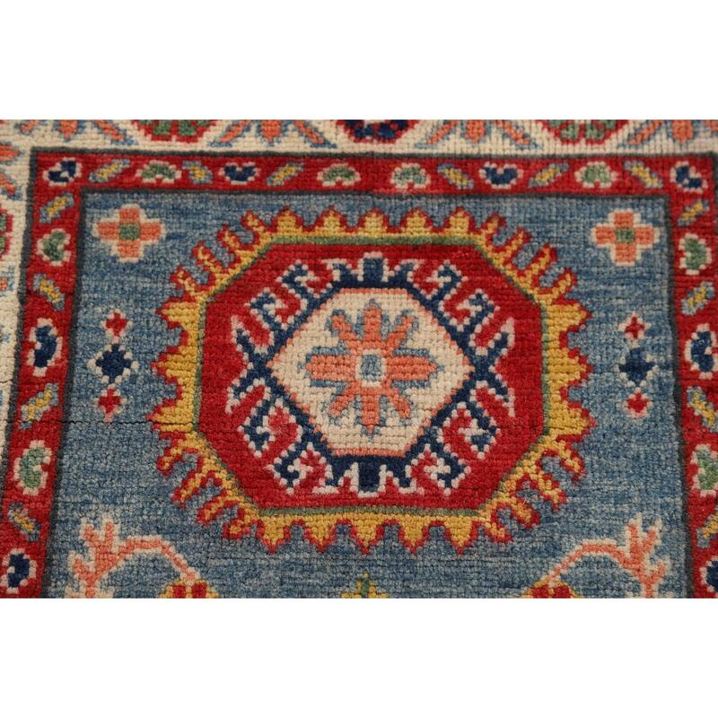 Hand Knotted Oriental 100% Wool Carpet Traditional Geometric Navy Blue & Blues Kazak Area Rug - 3' 0'' X 2' 0''