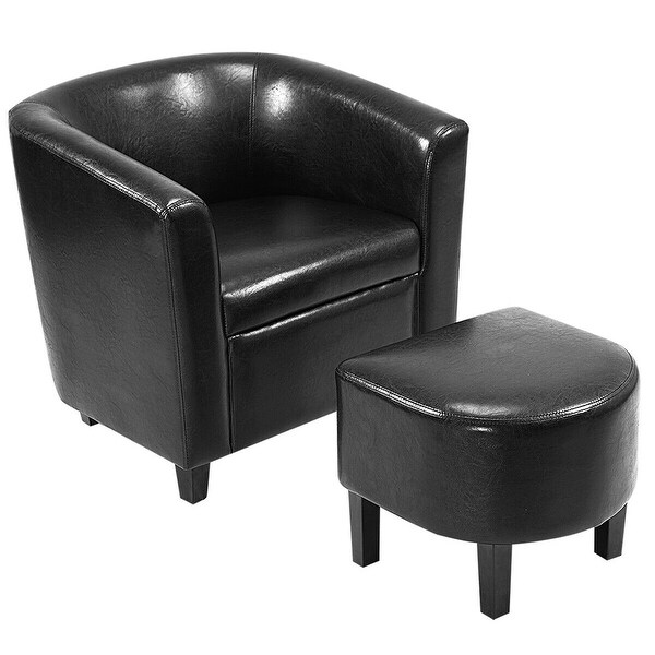 Costway Modern Leisure Chair PU Leather Wooden Arm Chair w/Ottoman Living Room Furniture