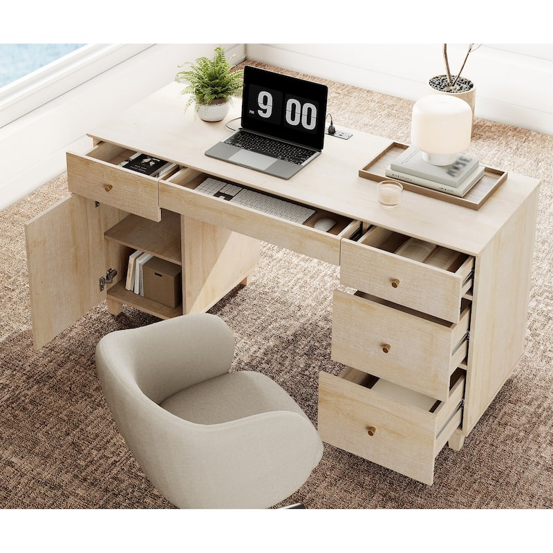 WAMPAT Home Office Furniture Set, 58" Executive Desk with Cabinet, 3-Column 71" Tall Bookcase with Doors and Adjustable Shelves