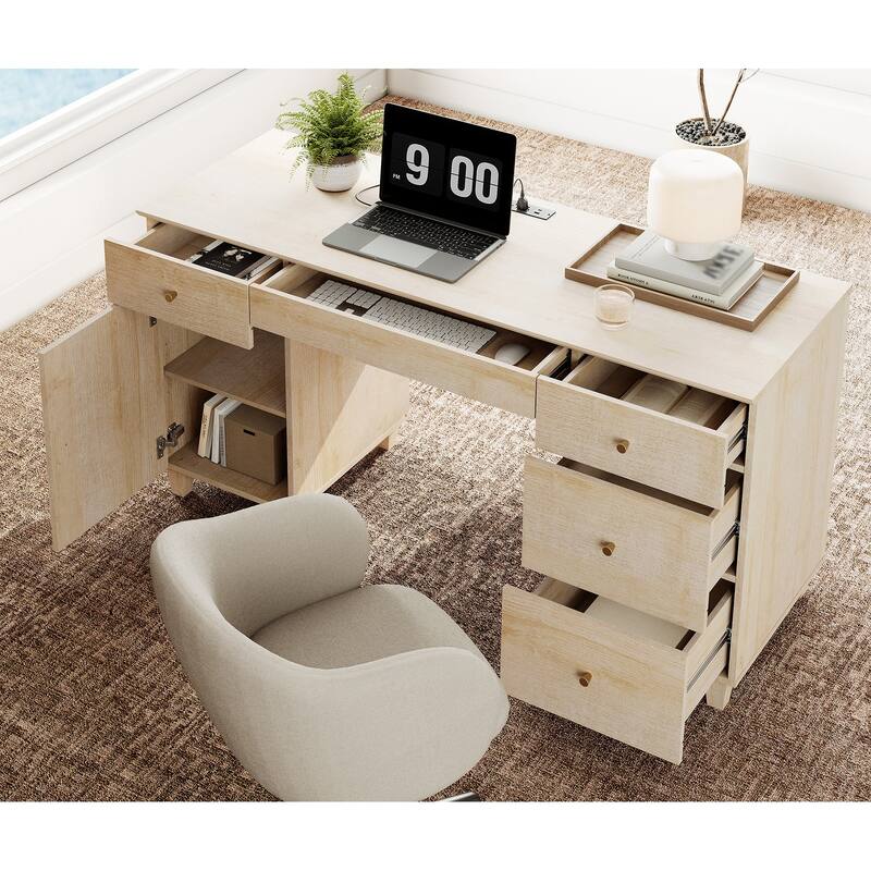 WAMPAT Home Office Furniture Set, 58" Executive Desk with Cabinet, 4-Column 71" Tall Bookcase with Doors and Adjustable Shelves