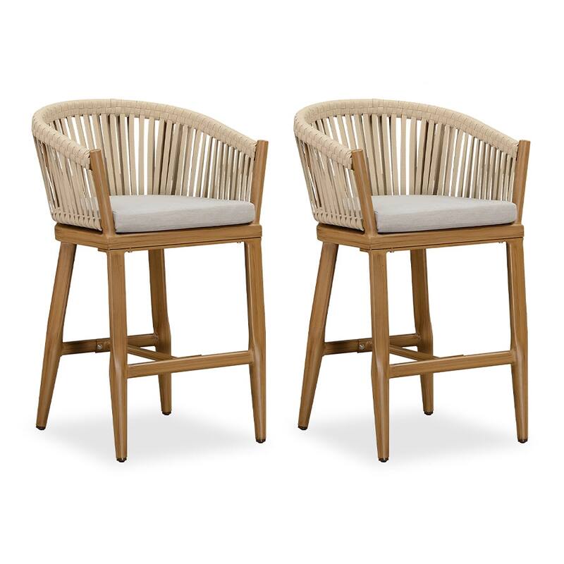 PURPLE LEAF 2 Set of Modern Bar Stool with Backrest and Arm Aluminum Legs Cushion include - Beige - Counter Height