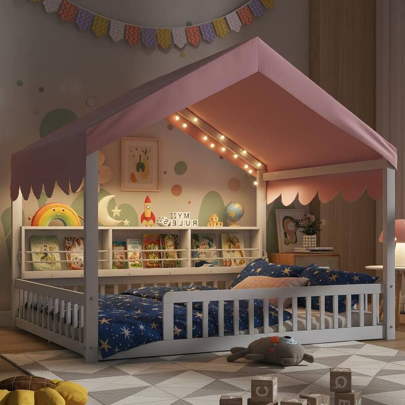 Full-Size Floor House Bed with Fence, Book Nook Shelves, Curtain & LED Lights by Harper&Bright Designs
