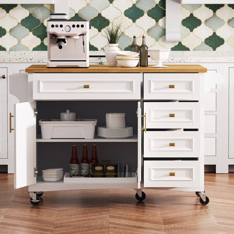 Kitchen Island with Drop Leaf, Adjustable Shelf, Spice Rack, Towel Rack, 2 Doors and 5 Drawers - White - Kitchen Cart