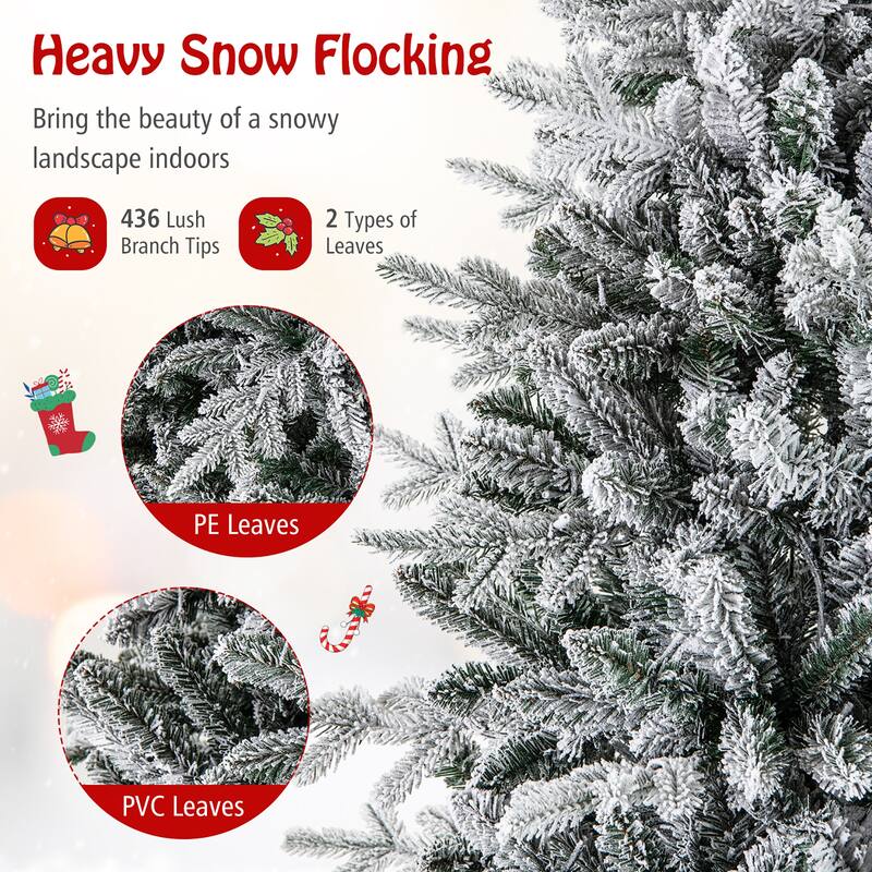 Gymax 4.5/6/7 FT Pre-Lit Artificial Christmas Tree Snow Flocked Full
