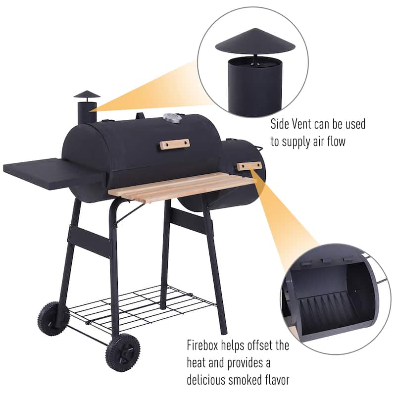 Outsunny Steel Portable Backyard Charcoal BBQ Grill and Offset Smoker - N/A