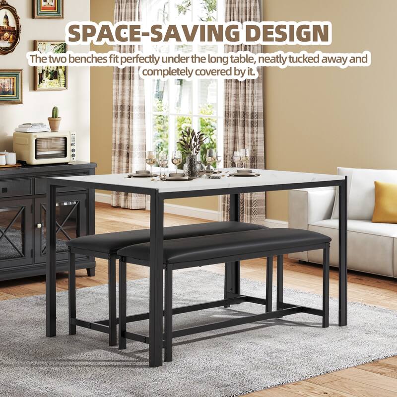 4-6 Person Dining Set with Faux Marble Top, PU Leather Benches and Storage Shelf
