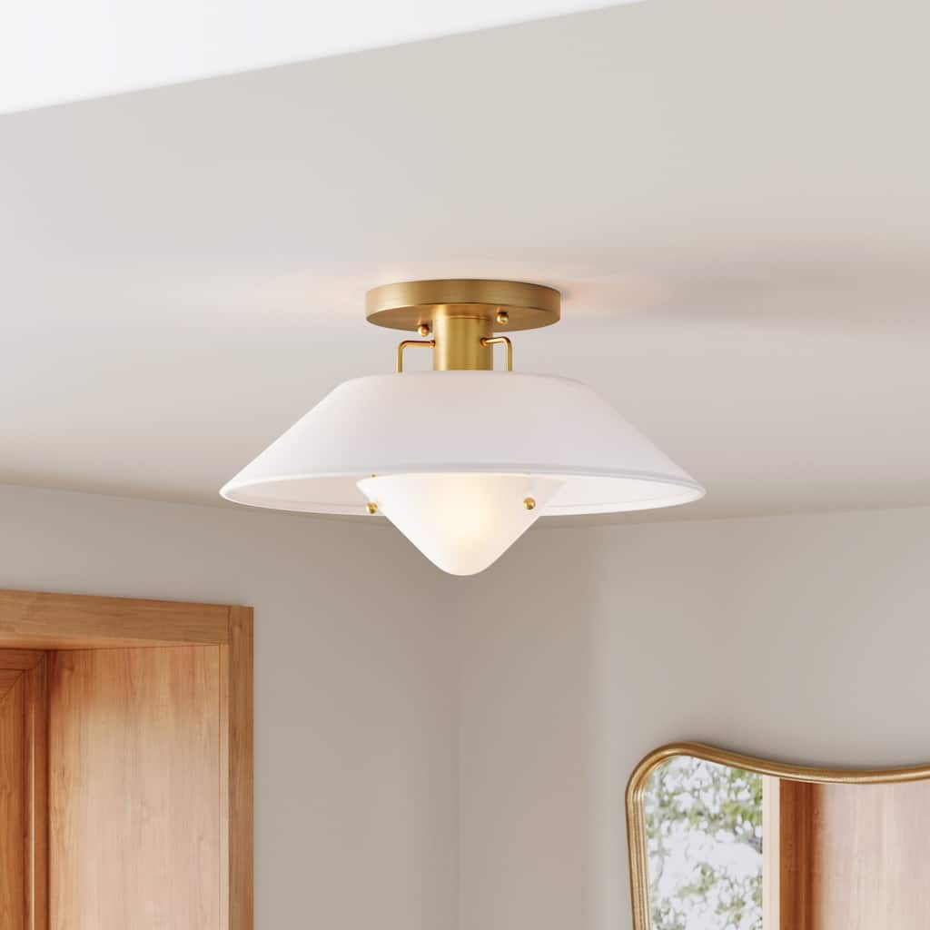Artisan Mid-Century Modern Flush Mount Ceiling Light Fixture with Brass Accent, Line Shade, and Frosted Glass Diffuser