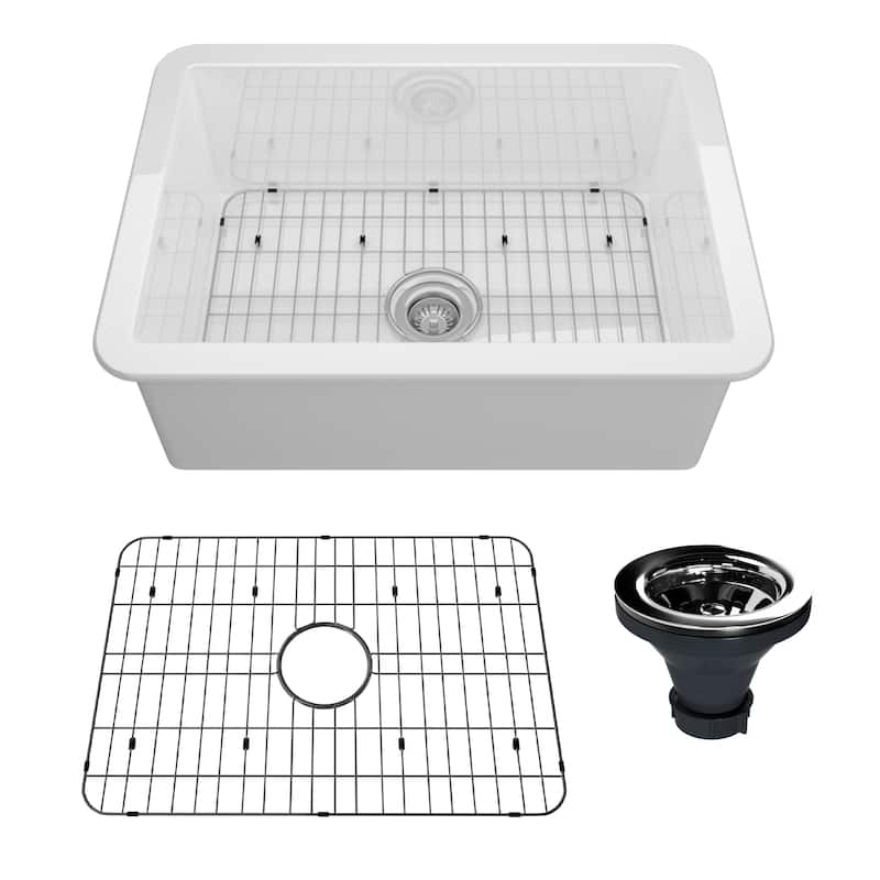 CASAINC Undermount Single Bowl Fireclay Kitchen Sink with Bottom Grid and Strainer, cUPC Certified
