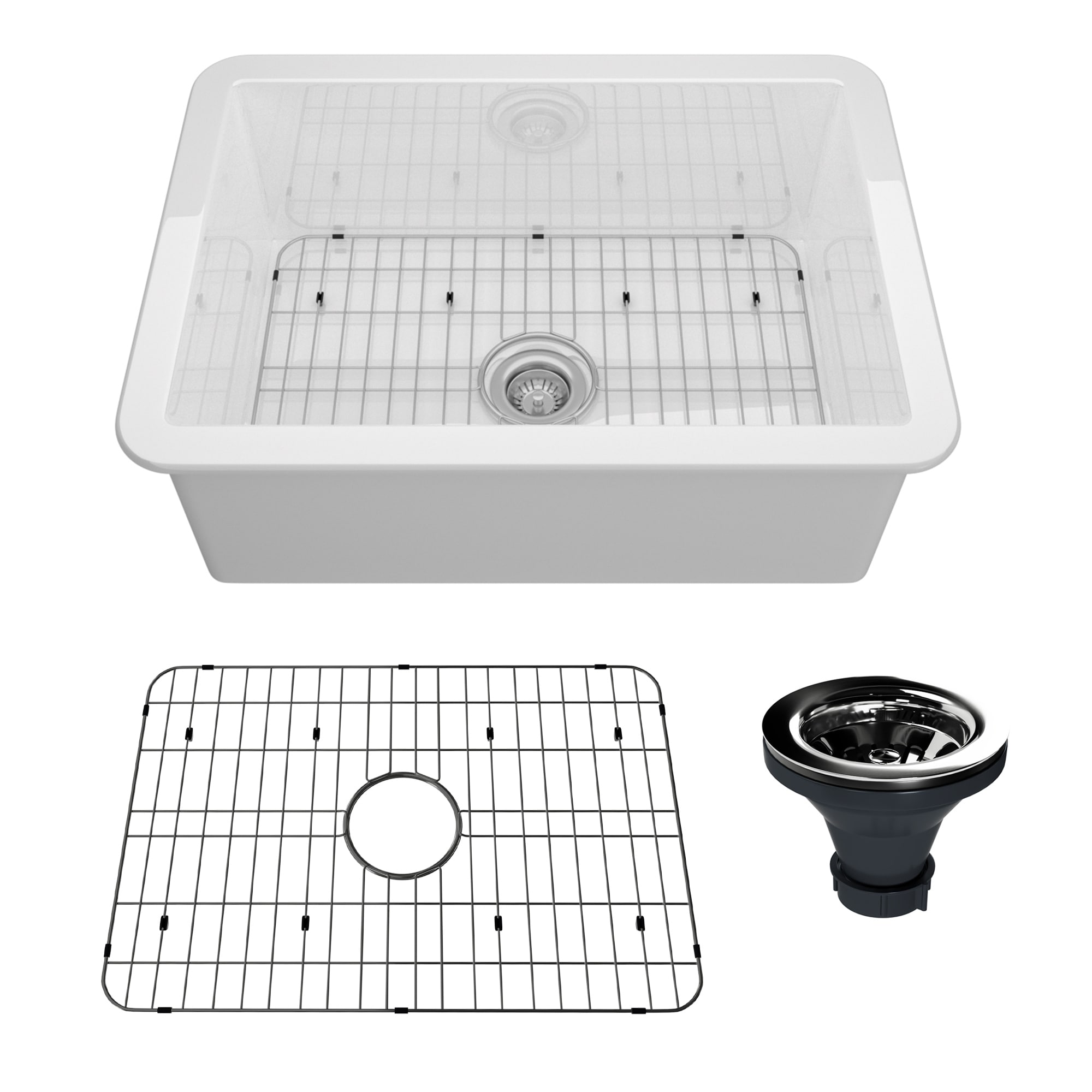 CASAINC Undermount Single Bowl Fireclay Kitchen Sink with Bottom Grid and Strainer, cUPC Certified