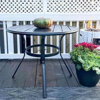 JINLLY 32 Inch Patio Table With Umbrella Hole, Round Glass Patio Table, Outdoor Bistro Dining Tables With Tempered Glass Tabletop And Metal Frame For
