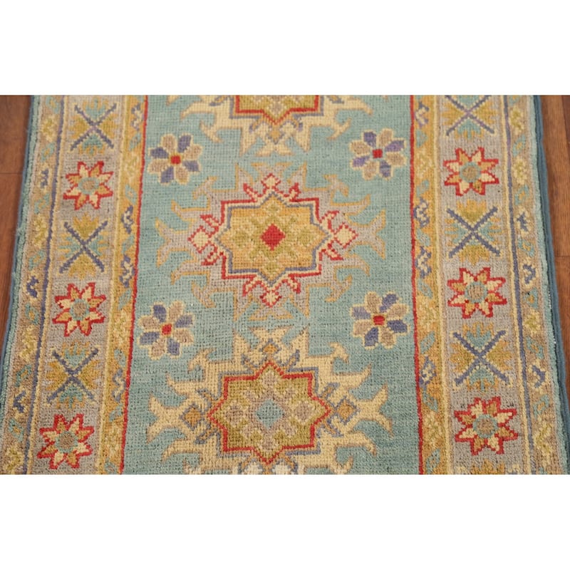 Light Blue Kazak Accent Rug Hand-Knotted Geometric Wool Carpet - 2'1"x 2'10"