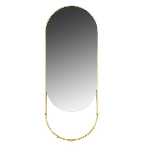 Modern Gold Oval Metal Hanging Rounded Wall Mirror with Jewelry Hooks