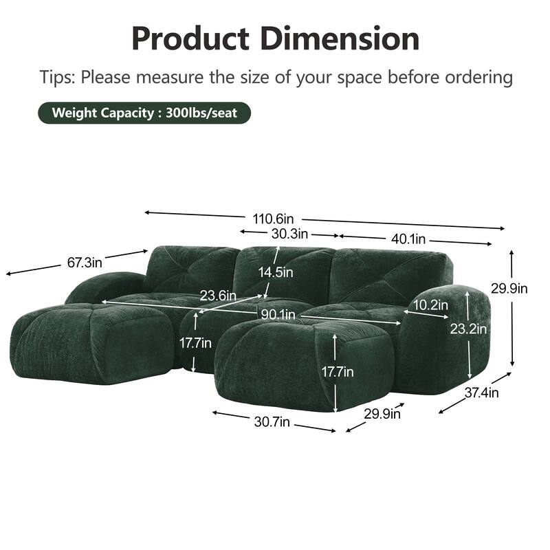 U-shaped Boneless Sofa, Tufted Design, 32D High Density Sponge, Bottom Anti-Slip Design, No Assembly Required Bottom