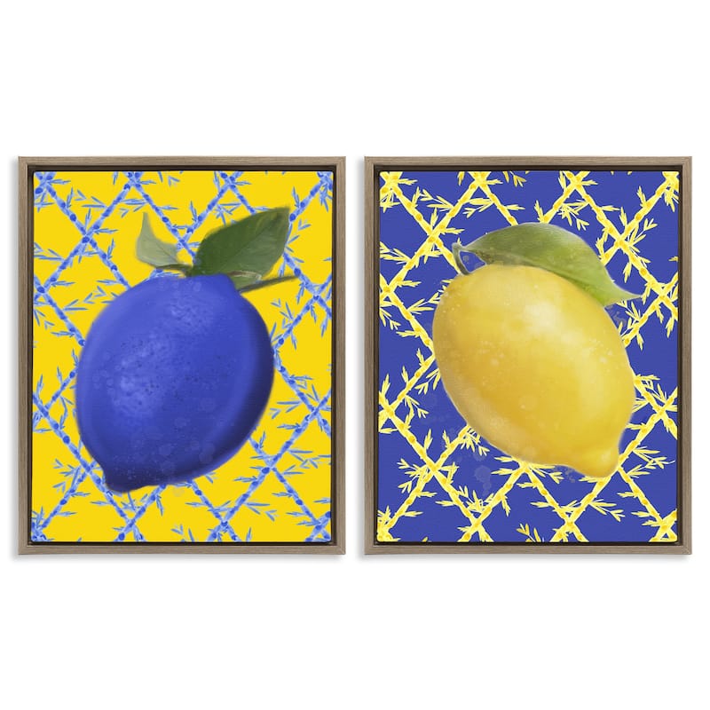 Stupell Bold Blue & Yellow Lemons Framed Floater Canvas Wall Art Design By Matthew Piotrowicz (Set of 2) - 17 x 21 - Brown