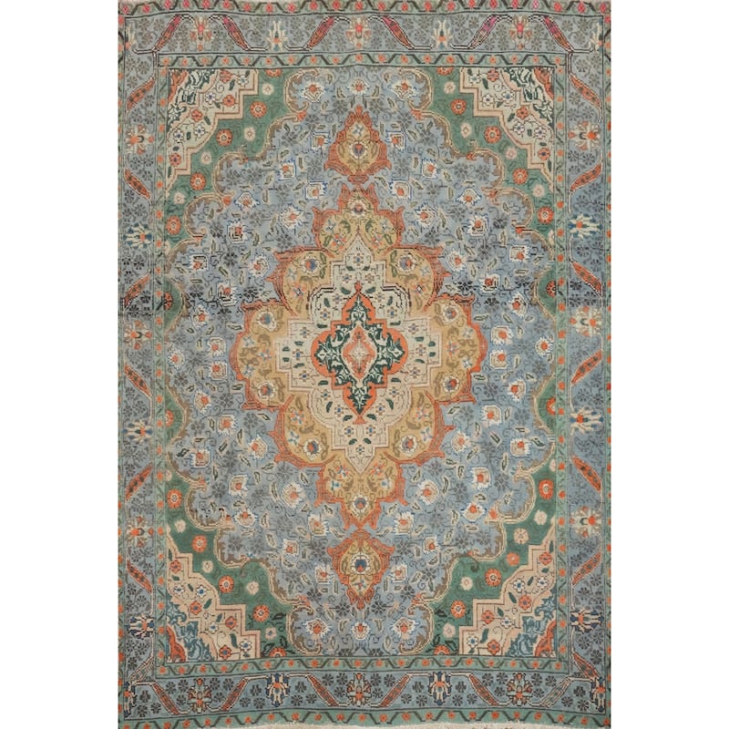 Hand Knotted Oriental 100% Wool Carpet Traditional Floral Navy Blue & Blues Tabriz Area Rug - 6' 1'' X 4' 7''