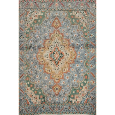 Hand Knotted Oriental 100% Wool Carpet Traditional Floral Navy Blue & Blues Tabriz Area Rug - 6' 1'' X 4' 7''