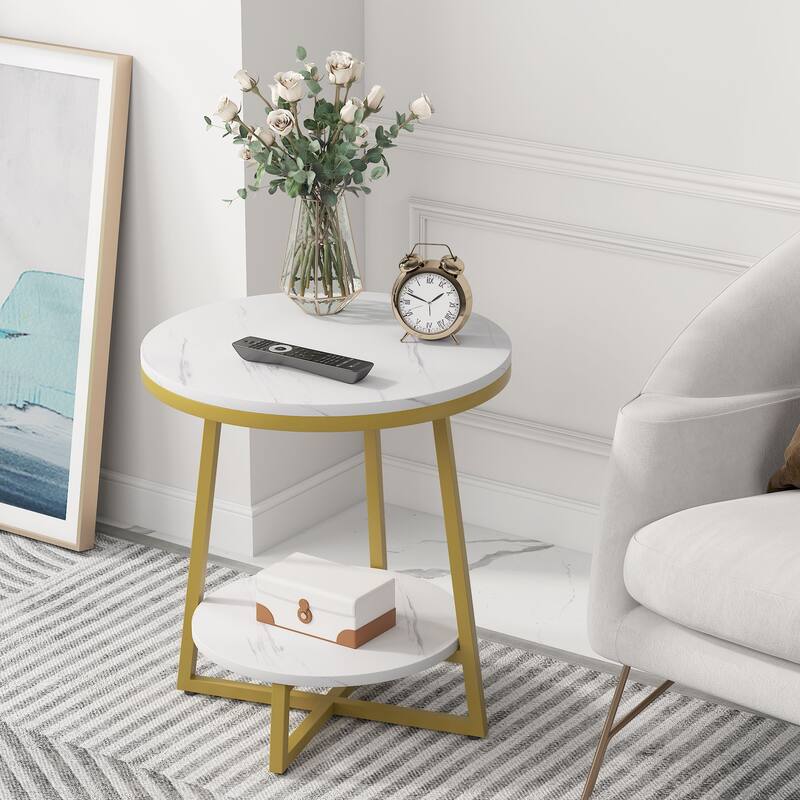 2-tier Rustic Small Round Side End Table for Living Room
