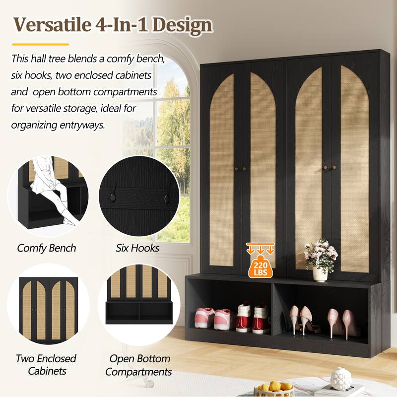 55.1" Wide Farmhouse Hall Tree - 4 Rattan Doors & 6-Hook Entryway Bench - Mid-Century 4-in-1 Shoe Cabinet with Adjustable Shelf