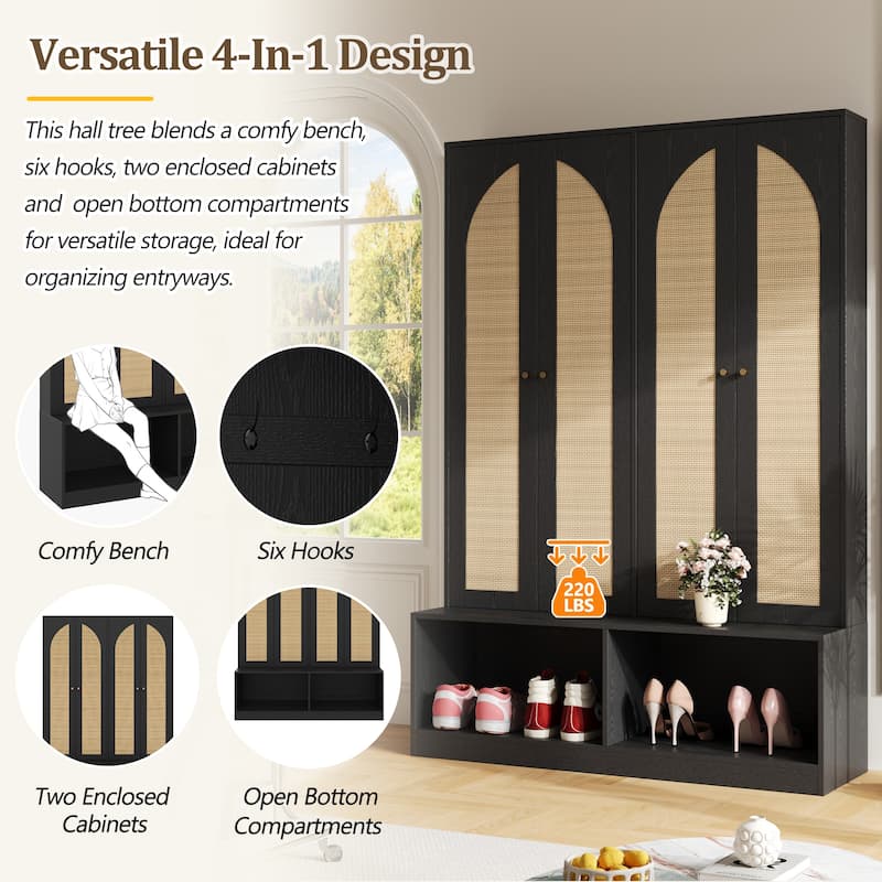 Farmhouse Hall Tree – 4 Rattan Doors, 4-in-1 Bench with Hooks & Shoe Storage, Black, 55.1" Wide‌