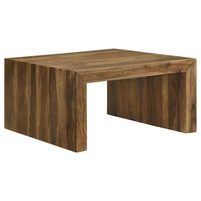 Ody 34 Inch Square Coffee Table, U Shaped, Sheesham Wood, Auburn Brown