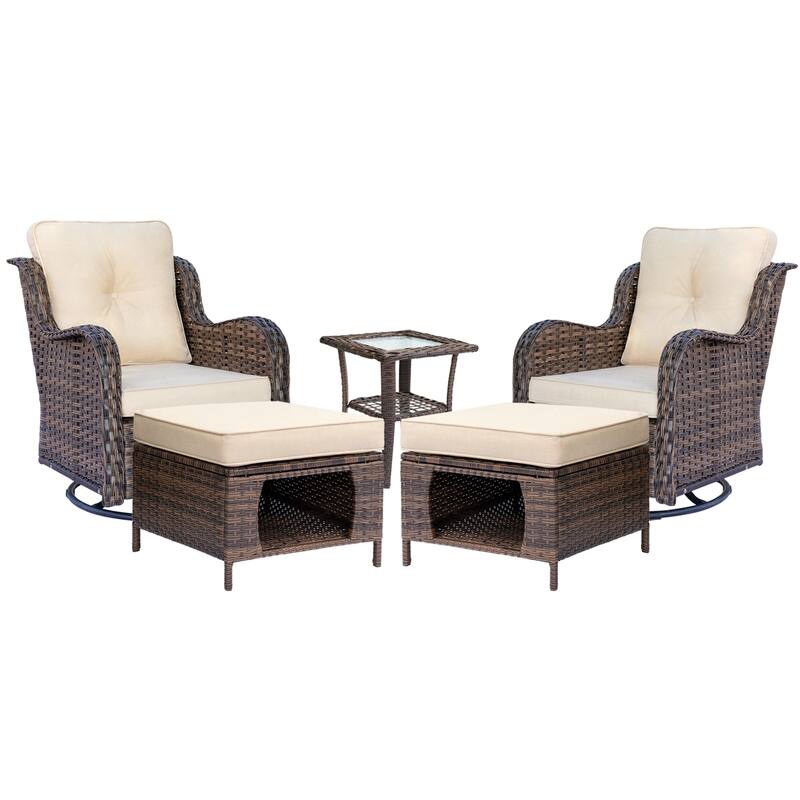5 Piece Outdoor Wicker Patio Swivel Chair with Ottoman Conversation Set