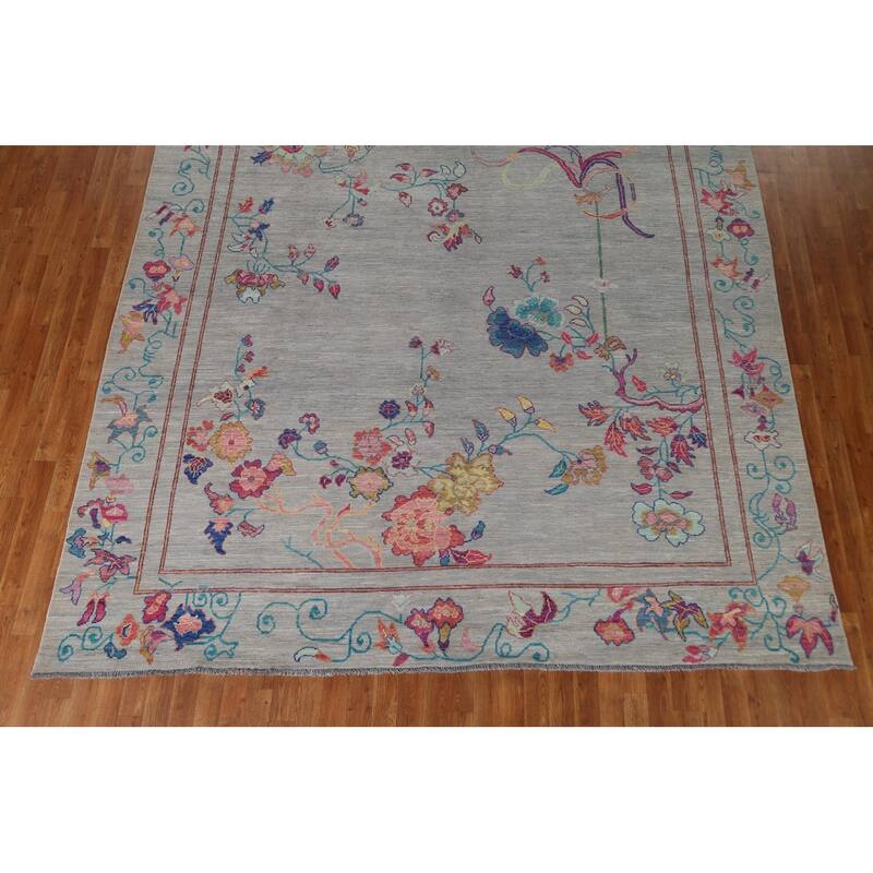Hand Knotted Oriental 100% Wool Carpet Traditional Floral Greys & Charcoal Art Deco Area Rug - 11' 6'' X 9' 0''