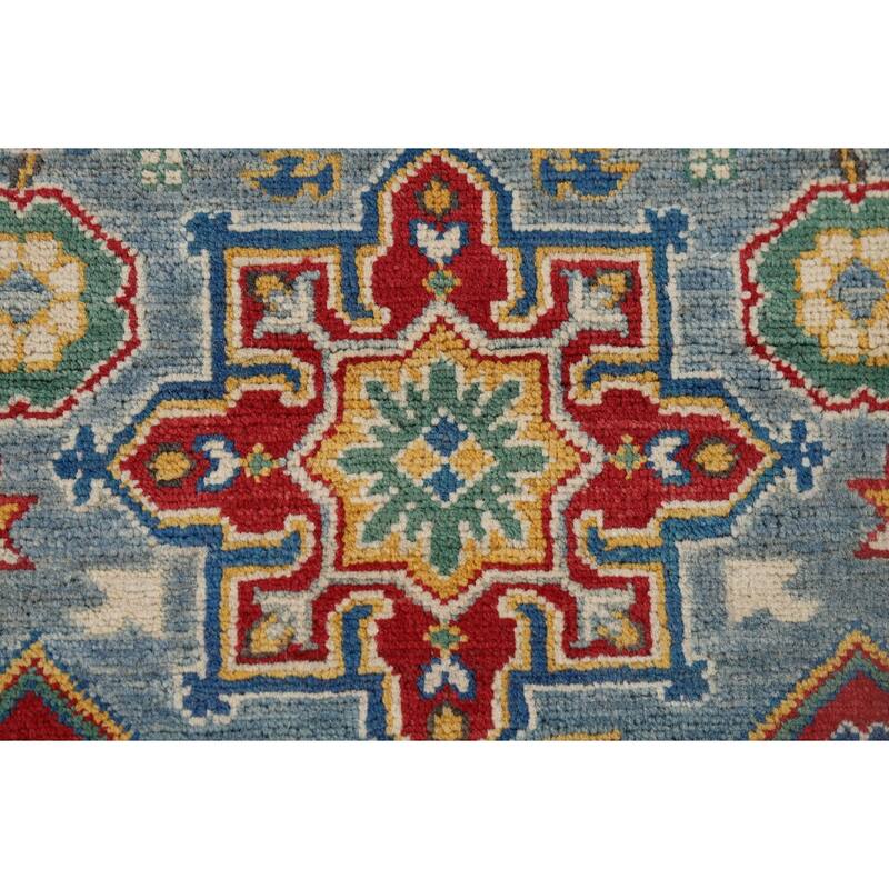 Light Blue Geometric Kazak Runner Rug Hand-Knotted Wool Carpet - 2'8" x 9'6"