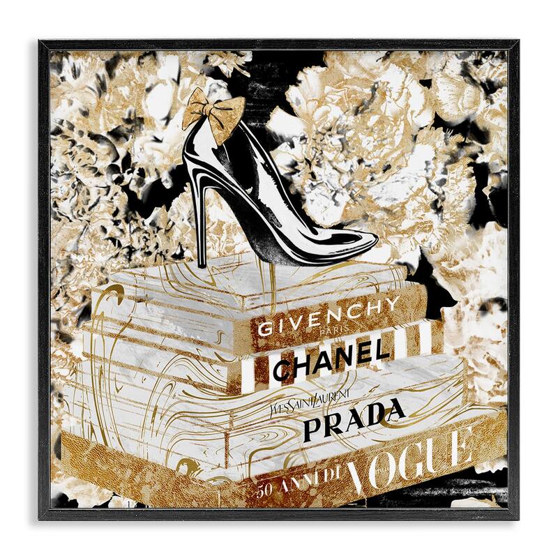 Stupell Fashion Heels and Books Black Gold Designer Details Framed Wall Art,12x12 - 17 x 17 - Black