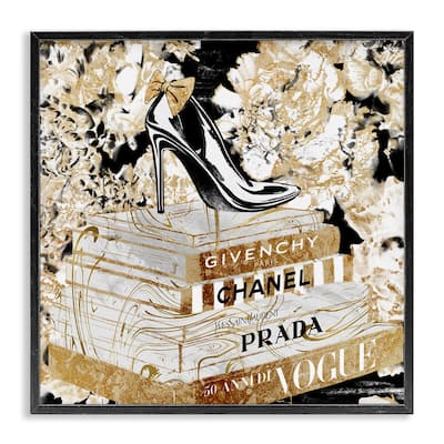 Stupell Fashion Heels and Books Black Gold Designer Details Framed Wall Art,12x12