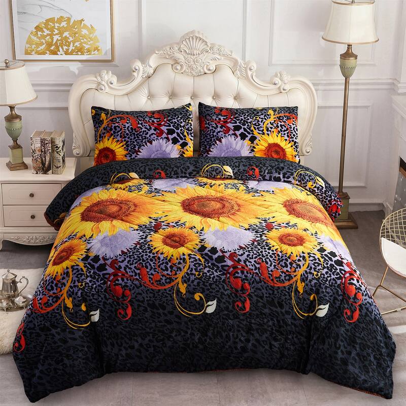 3-Piece Floral Printed Sherpa-Backing Reversible Comforter Set