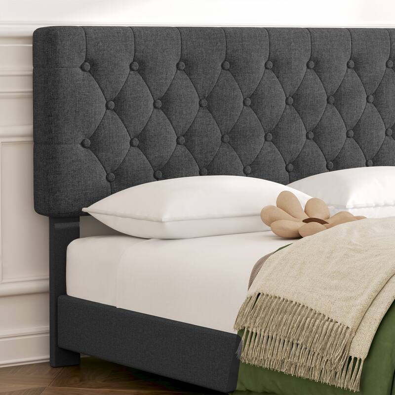 Linen Upholstered Headboard Bed Frame with Large Hidden Storage, 4 Underbed Drawers with Pulleys