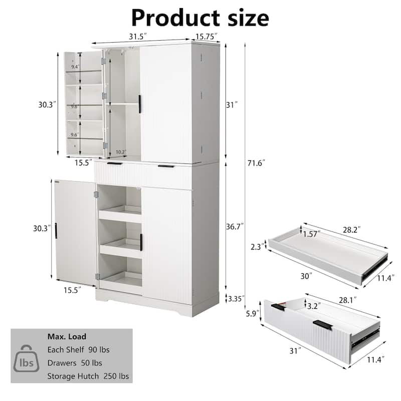 72"H Kitchen Pantry Cabinet with 3 Keyboard Drawers,Freestanding Cabinet with 6 Door Shelves Adjustable,Cupboard Storage Cabinet