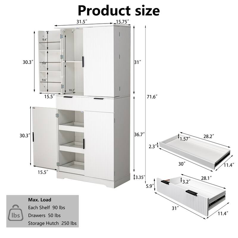 Modern Kitchen Storage Cabinet with 3 Keyboard Drawers & 6 Adjustable Shelves - 72" Tall Freestanding Cupboard for Bathroom