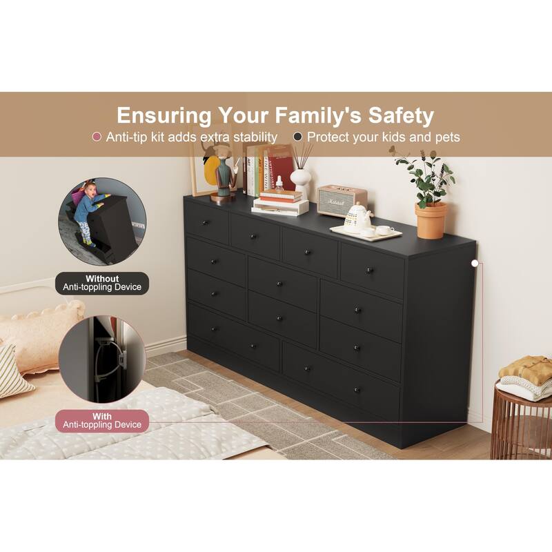 12 Drawer Dresser for Bedroom with Power Outlet, 61 Inch Wooden Storage Cabinet