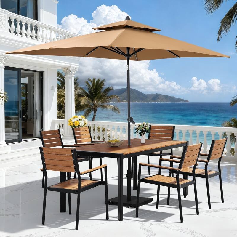 9-PCOutdoor Patio Dining Set Wood Like Aluminum Umbrella Hole Table with Stackable Armchairs, Market Umbrella and Wheel Base - BrownTable&BrownChairs&TanUmbrella