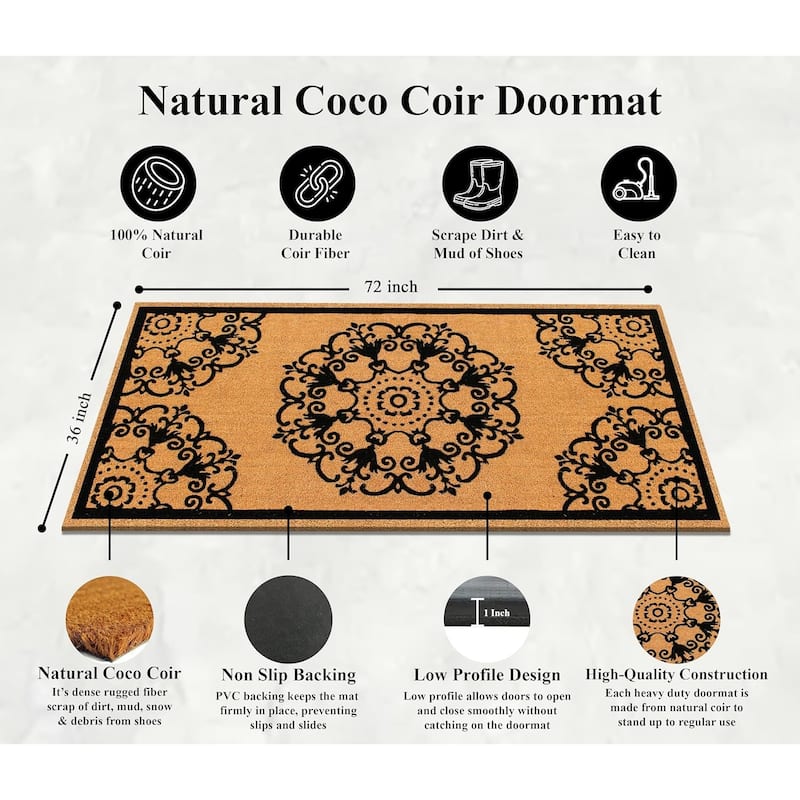 A1HC Natural Coir Flock Door Mat for Front Door, 36x72, Anti-Shed Treated Durable Double Door Entrance Doormat