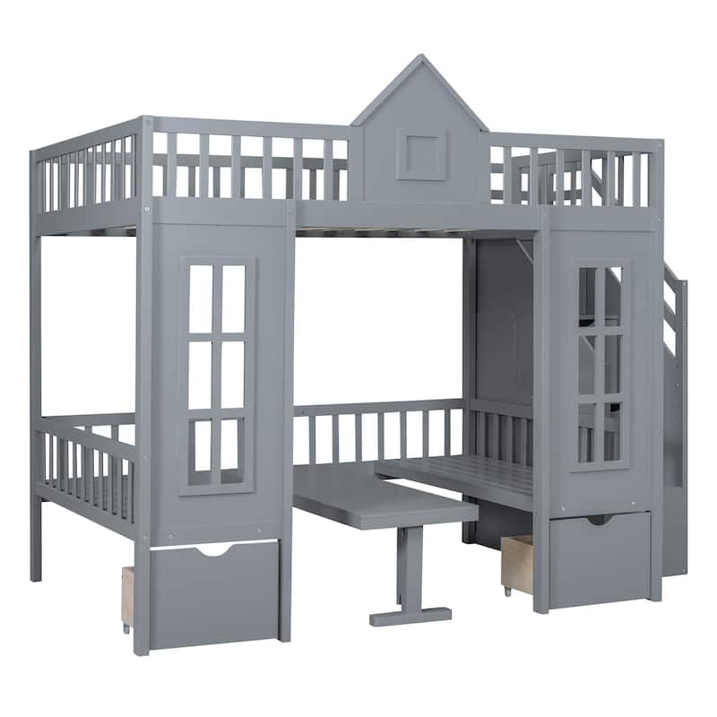 Full Size Wooden Loft Bunk Bed with Table, Seats, and Storage Shelves