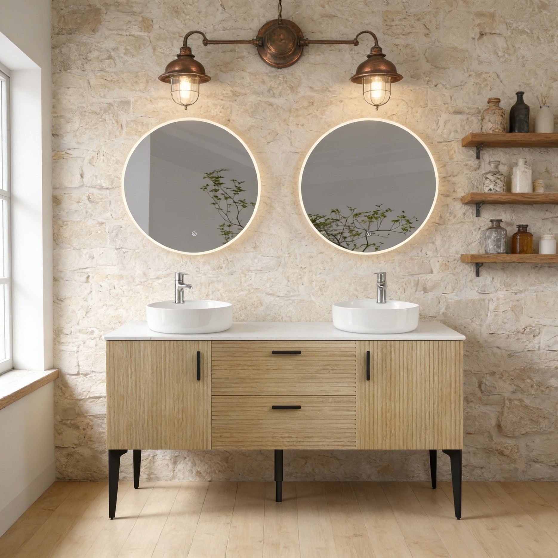 Modern 60" Striped Natural Oak Bathroom Vanity with Ceramic Sink
