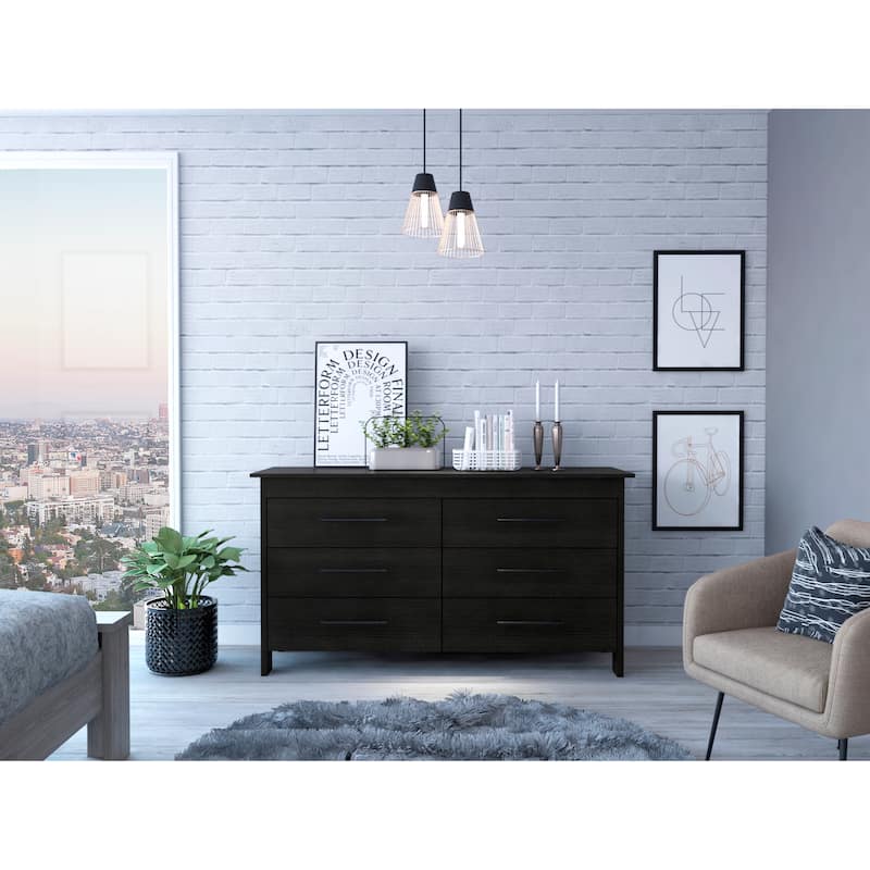 FM Furniture Luxor 6 Drawer Double Dresser with Roller Guides, Metal Pulls and 4 Legs - Black