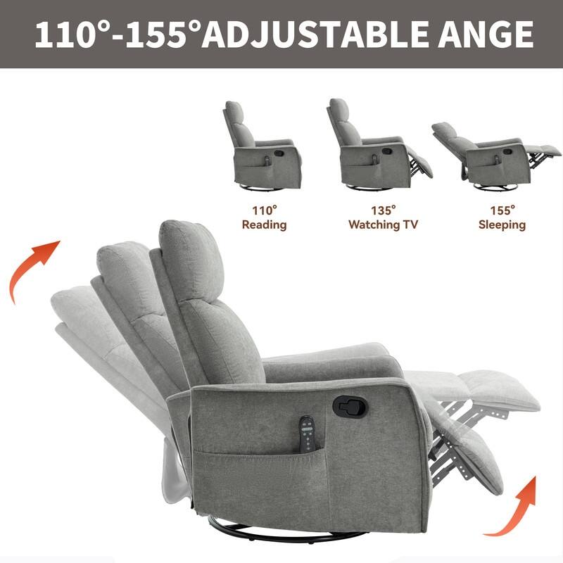 Heat Massage Manual Recliner Chair with Rocker and Swivel in Fabric for Living Room